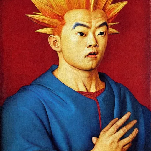 Image similar to portrait of a goku, painting by Jan van Eyck,