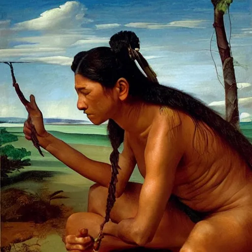 Image similar to beautiful oil matte portrait painting, amazon indigenous tribe leader finding a plastic bottle at the shore, wonderful masterpiece highly detailed, beautiful cinematic light deep focus, elegant, digital painting, smooth, sharp focus, golden ratio, dramatic illumination, ultra realistic, 8 k, art by artemisia lomi gentileschi and caravaggio