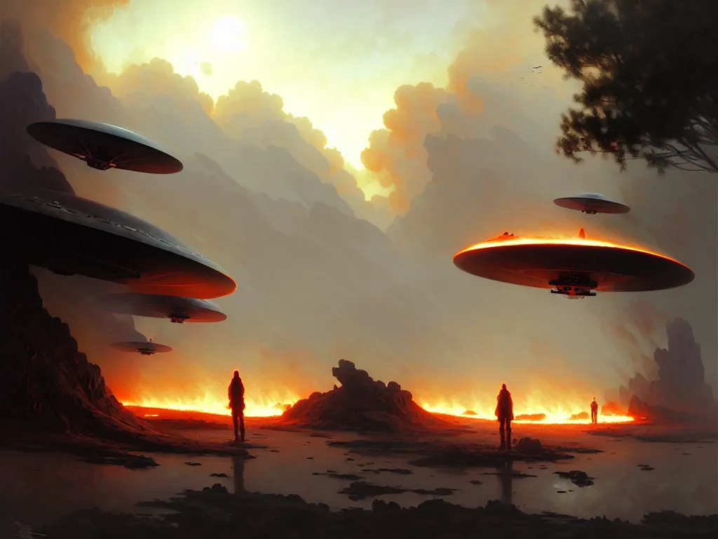 Image similar to UFO crash site, fires, smoke, dust, concept art, intricate, digital painting, smooth, sharp focus, illustration, from Metal Gear, by Ruan Jia and Mandy Jurgens and William-Adolphe Bouguereau, Artgerm,