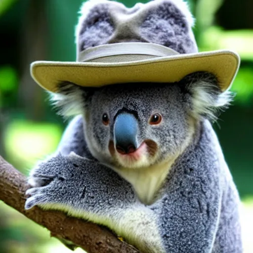 Prompt: photo cute koala wearing a fedora