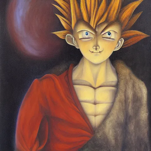 Image similar to by Remedios Varos, Goku from Dragon Ball Z, portrait, oil painting, high resolution, MET collection, Louvre