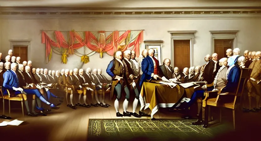 Prompt: fish signing the declaration of independence, realistic painting, high definition, digital art, very detailed, extremely high detail, photo realistic, concept art, unreal engine 5,