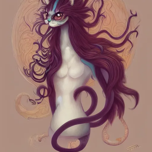 Prompt: cat seahorse shapeshifter, long-haired humanoid fursona by Peter Mohrbacher and Louis Wain, furaffinity, trending on artstation