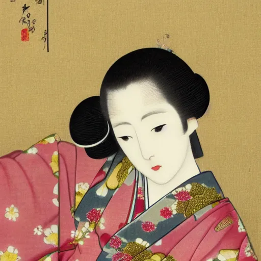 Image similar to geisha girl by ikenaga yasunari and ayana otake and ko rakusui, drawing, realistic, sharp focus, japanese, dreamy, nostalgia, faded, golden hues, floral clothes