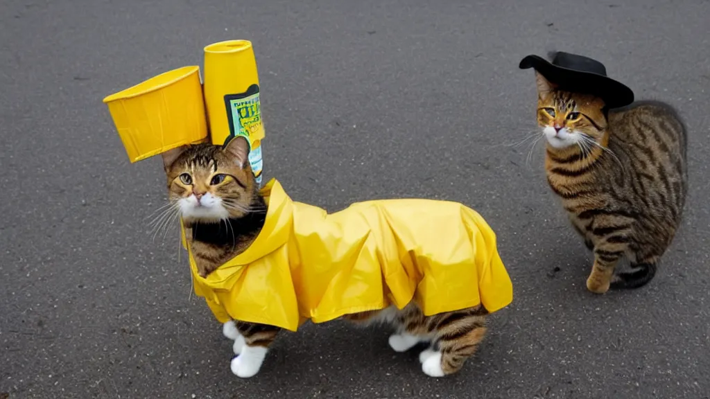 Prompt: A cat wearing a yellow raincoat and a cowboy hat, stealing a six-pack of beer