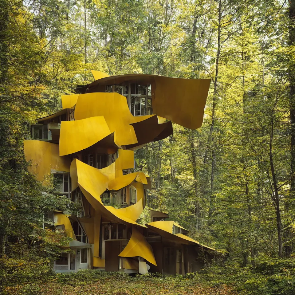 Prompt: architecture ad for a small mid-century modern house in the forest, designed by Frank Gehry. Film grain, cinematic, yellow hue