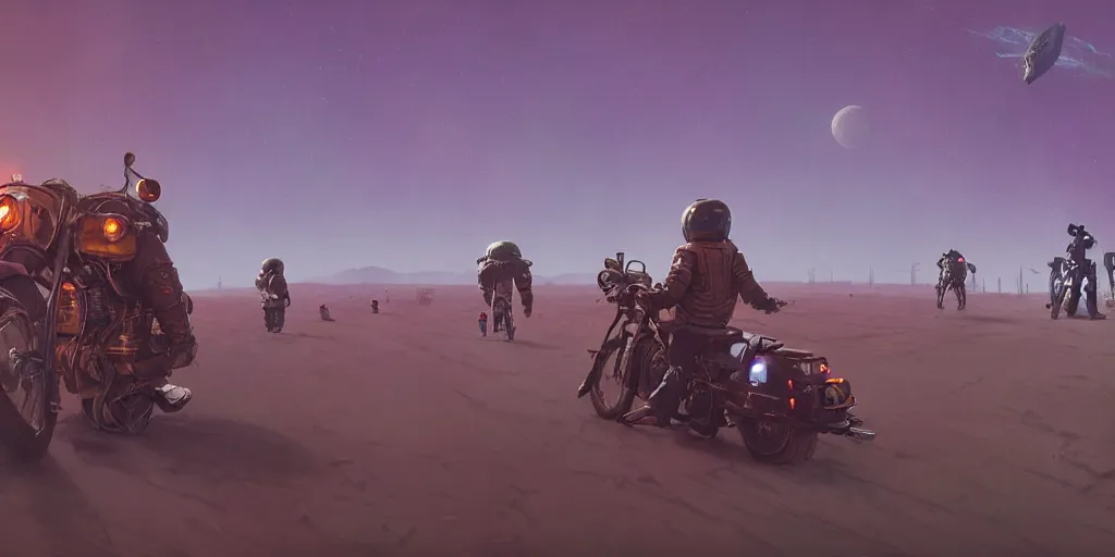 Prompt: american astronaut driving a motorcycle in moon, tribe members chasing, action scene, an epic fantasy, dramatic lighting, cinematic, establishing shot, extremely high detail, photorealistic, cinematic lighting, artstation, octane render, by simon stalenhag, horizon forbidden west
