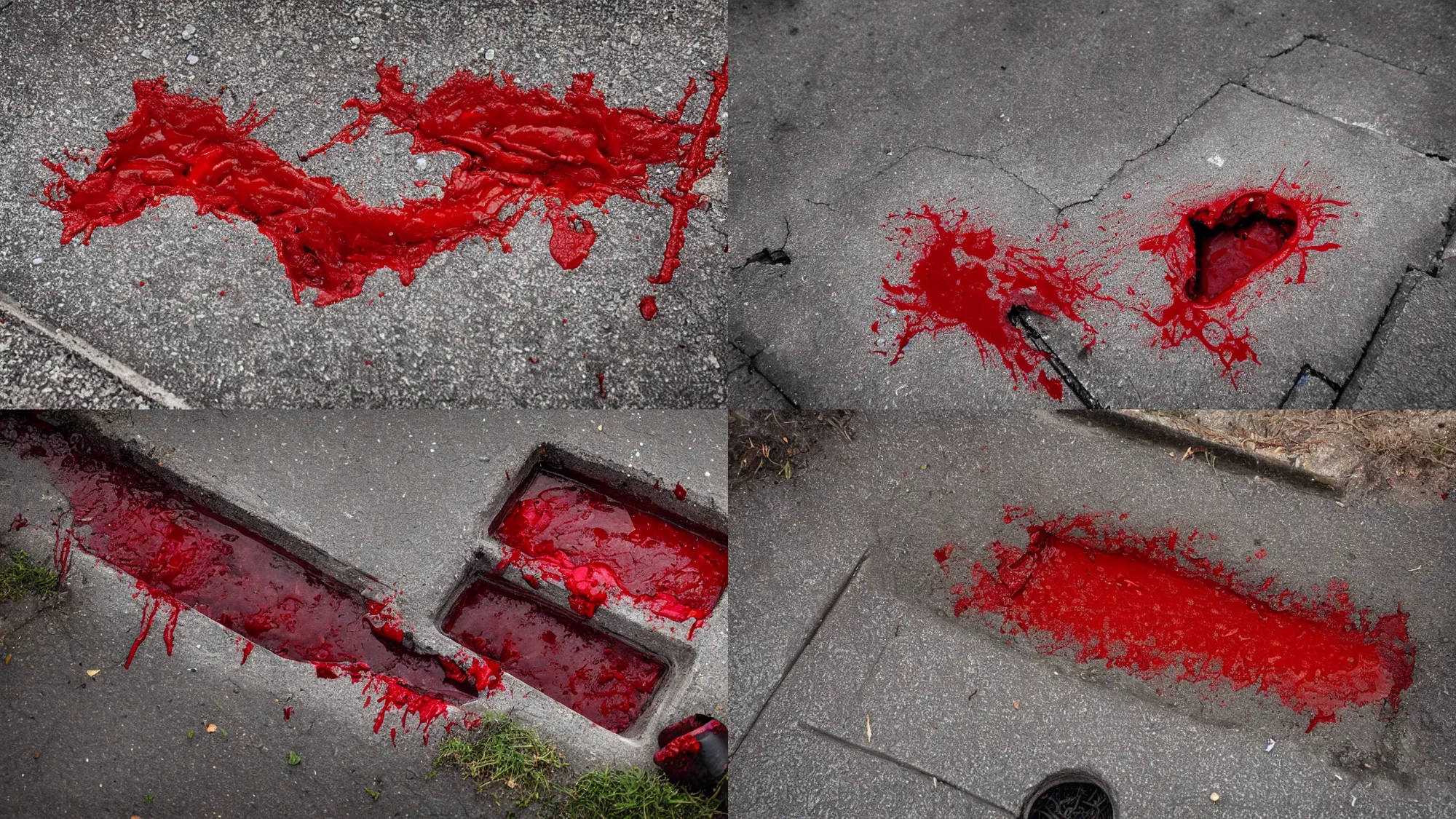 Prompt: blood running down a storm drain