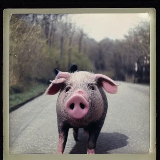 Prompt: a pig running a maraton, polaroid photograph