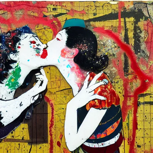 Prompt: two women kissing at a carnival in tokyo, mixed media collage, retro, paper collage, magazine collage, acrylic paint splatters, bauhaus, claymation, layered paper art, sapphic visual poetry expressing the utmost of desires by jackson pollock