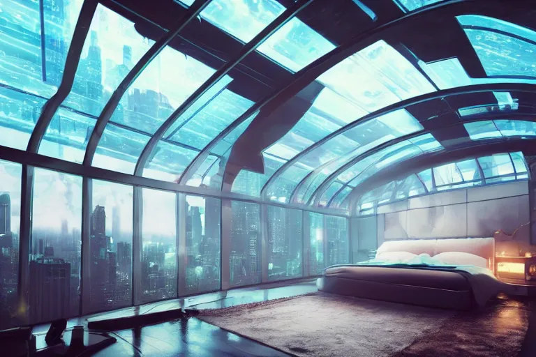 Image similar to a futuristic bedroom with large curved ceiling high windows looking out to a far future cyberpunk cityscape, cyberpunk neon lights, raining, scifi