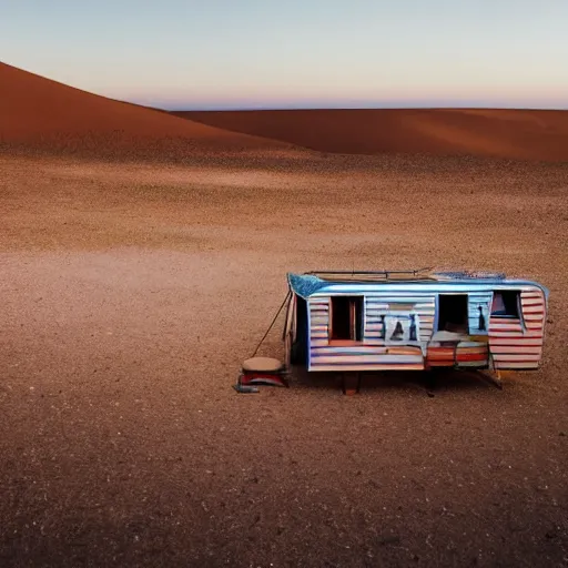 Image similar to a scenography of an old circus caravan in the middle of a desert.