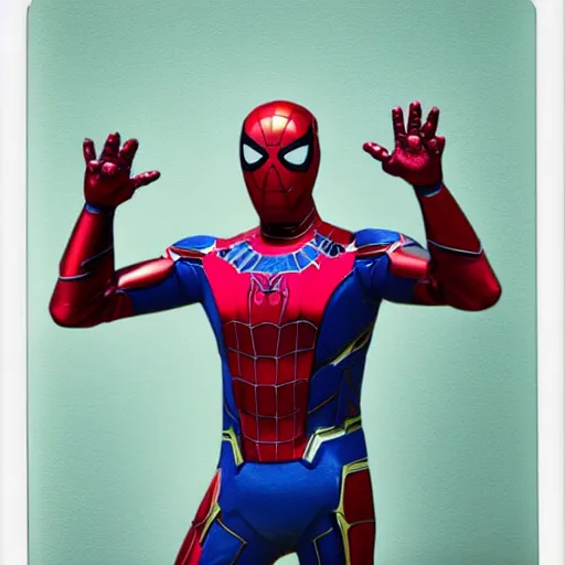 Image similar to a single iron man and spider - man hybrid, dslr, polaroid