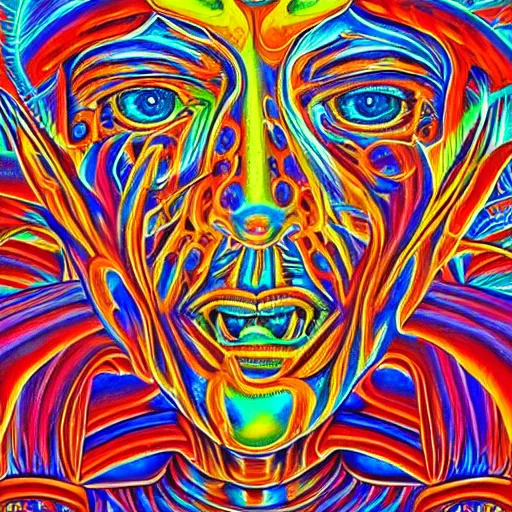 Image similar to tripping on psychedelic mushrooms in vegas, by Alex Grey, highly detailed painting