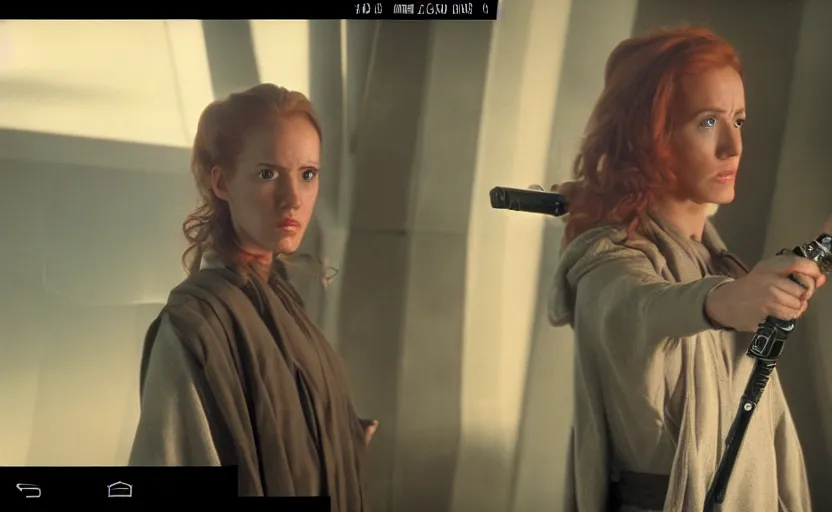 Prompt: screenshot of Jedi Mara Jade, played by Julian Moore, holding a blue lightsaber in right hand, iconic scene from 1980s film by Stanley Kubrick, 4k, windy hair, cinematic still frame, surreal sci fi set design, photoreal, detailed face, moody storm lighting, stunning cinematography, hyper detailed, sharp, anamorphic lenses, kodak color film stock