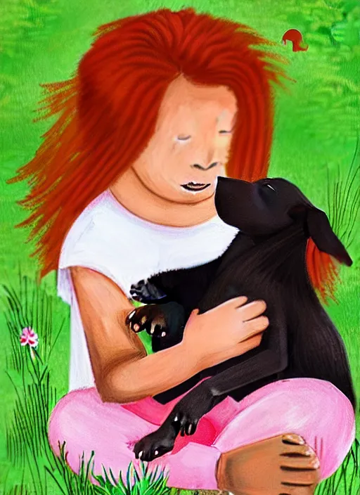 Image similar to “a red-haired child with dark skin playing with a puppy in the garden in the style of Mary Engelbreit”