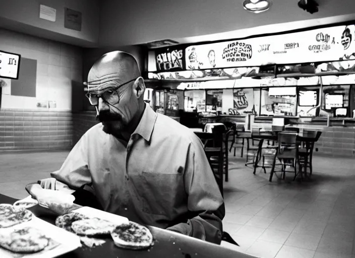Prompt: portrait of walter white eating pizza at chuck - e - cheese with sloppy cheesy sauce getting slopped up all over the place, dramatic lighting, moody film still from breaking bad ( 2 0 1 1 ), 3 5 mm kodak color stock, 2 4 mm lens, directed by rian johnson, ecktochrome