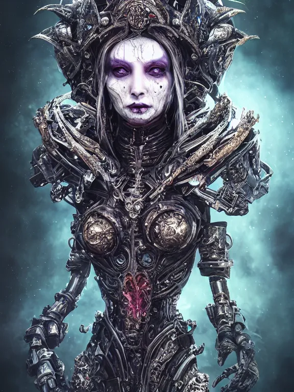 Prompt: portrait art of 8k ultra realistic undead witch queen, ornate intricate smashed galaxy helmet , detailed intricate ornate armour,blade runner, cybernetic, full of colour, cinematic lighting, battered, trending on artstation, 4k, hyperrealistic, focused, extreme details,unreal engine 5, cinematic, masterpiece, art by ayami kojima, giger