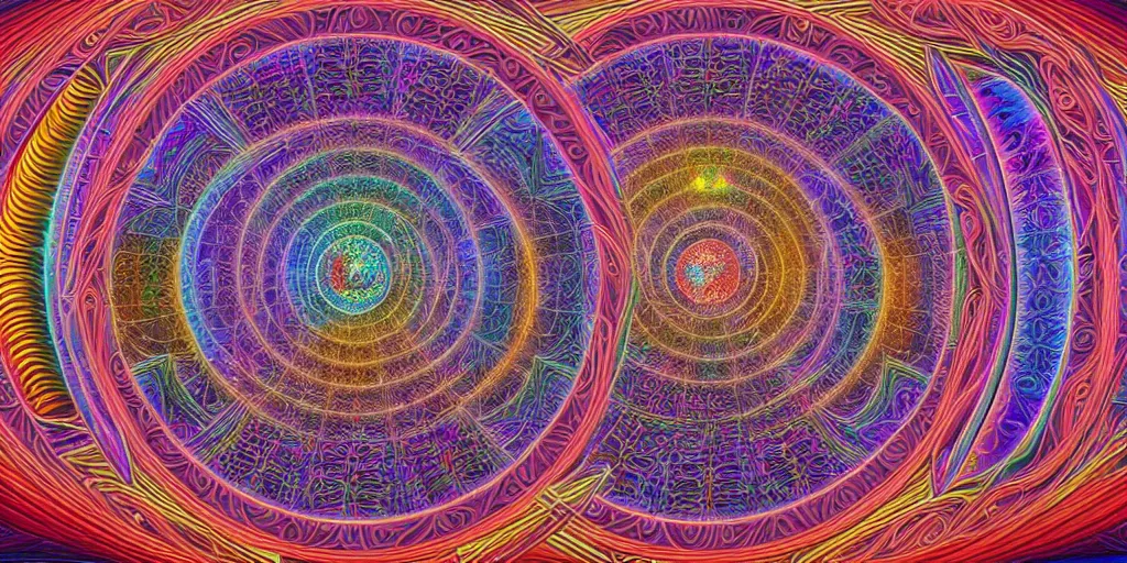 Prompt: dmt temple, sacred geometric buildings, time elves, psychedelic architecture, soul frequency, 8 k resolution, ultra fine illustration, art by alex grey and tokio aoyama, highly detailed,