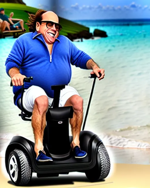 Image similar to Danny Devito as Gob in Arrested Development, riding on a Segway on the beach