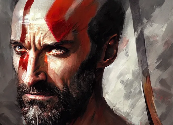 Image similar to a highly detailed beautiful portrait of hugh jackman as kratos, by gregory manchess, james gurney, james jean