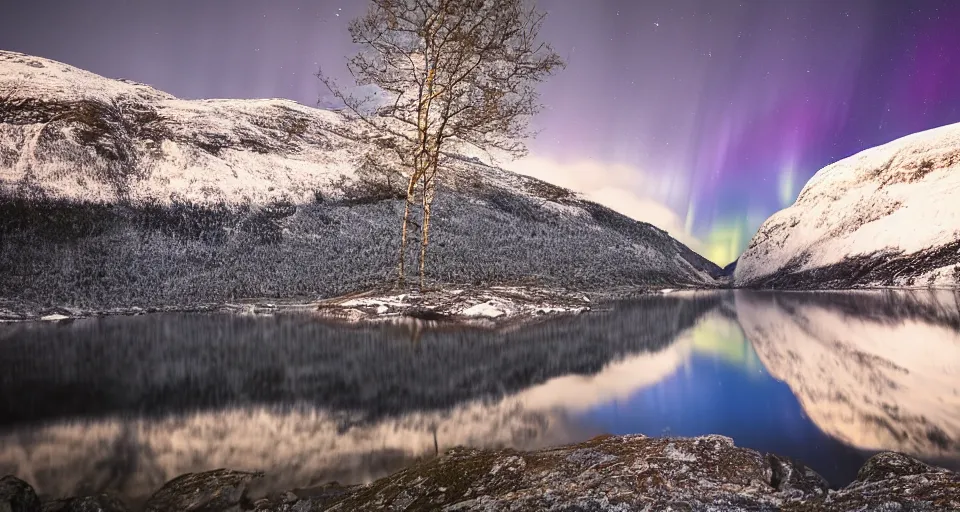 Image similar to a Norwegian fjord surrounded by mountains at night with the northern lights overhead, trees on the mountain sides, completely still mirror water reflecting the surroundings