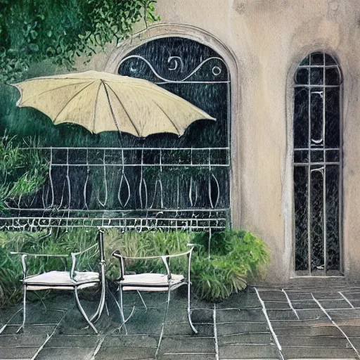 Image similar to delicate rain, symmetric, chairs, garden, paved, botanic watercolors, iridescent, 8 k, realistic shaded, fine details, artstation, italian, iron gate, tree, mediterranean