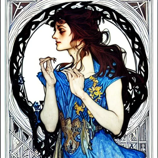 Image similar to in the style of artgerm, arthur rackham, alphonse mucha, phoebe tonkin, symmetrical eyes, symmetrical face, flowing blue skirt, hair blowing, intricate filagree, hidden hands, warm colors, cool offset colors