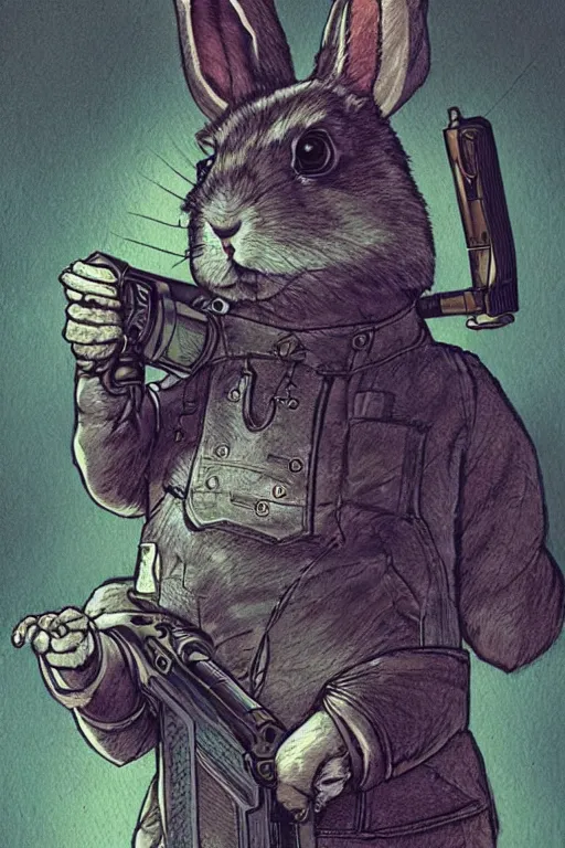 Image similar to cyberpunk rabbit with a shotgun, artwork by Beatrix Potter