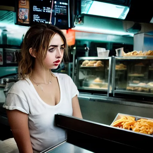 Image similar to ana de armas portrait working in a fast food restaurant, in a cinematic cyberpunk style, 3 5 mm