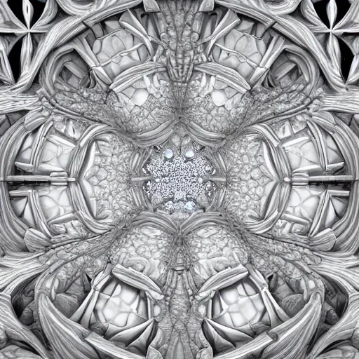 Image similar to a beautiful 3 d stone carving of an intricate mandelbrot fractal cathedral populated by fractals by android jones, carved soap, white color scheme, unreal engine, volumetric lighting, dynamic lighting, bright, dramatic lighting, high contrast, carved marble, opalescent, sacred geometry, religious, angelic, catholicpunk, stark, trending on artstation