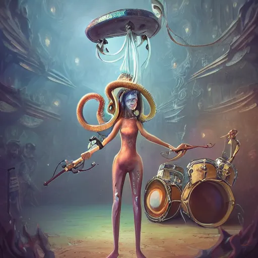 Image similar to fantasy female Squid is a drummer with 8 tentacles playing a big rock&roll drum set in the spotlight dystopian underwater concert, by Philipp A. Urlich and Pengzhen Zhang an Andreas Rocha, fantasy, intricate, elegant, highly detailed, digital painting, artstation, blender, unreal engine 5, octane render, smooth, sharp focus, illustration