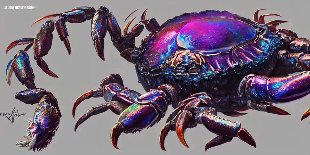 Image similar to Iridescent crab seamonster, character design sheet, Monster Hunter Illustrations art book, diamond sharp claws, huge arms, iridescent shards on its back, Moebius, Greg Rutkowski, Zabrocki, Karlkka, Jayison Devadas, Phuoc Quan, trending on Artstation, 8K, ultra wide angle, zenith view, pincushion lens effect.