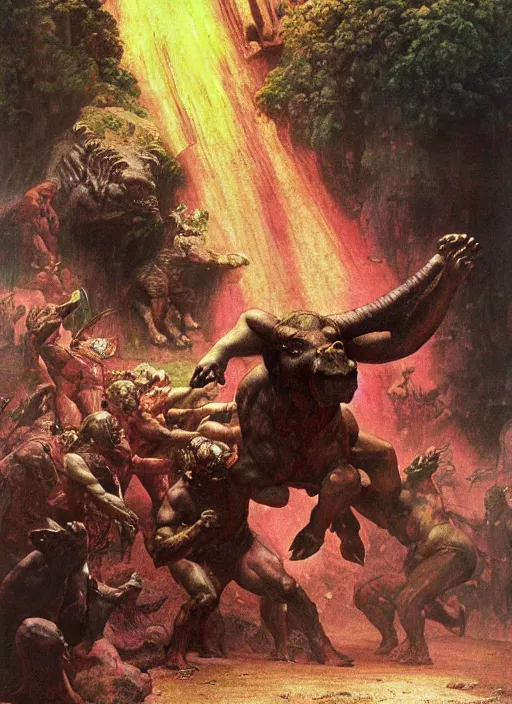 Prompt: a massive minotaur rages, smashes, by frank frazetta and lawrence alma-tadema and zdzislaw beksinski and norman rockwell and jack kirby, artstation, green and pink