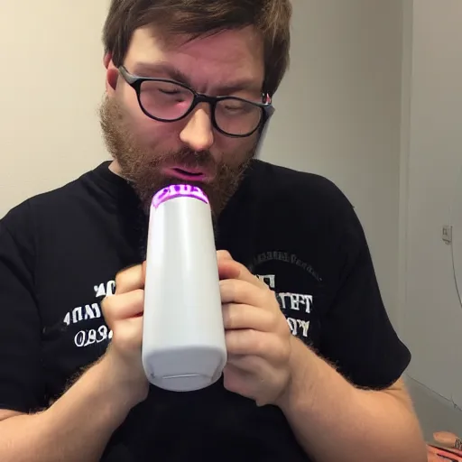 Prompt: the typical reddit moderator, sweaty loser moron trolling people on the internet from their mother's basement fact - checking you with a digital airhorn looking extremely sweaty and out of shape