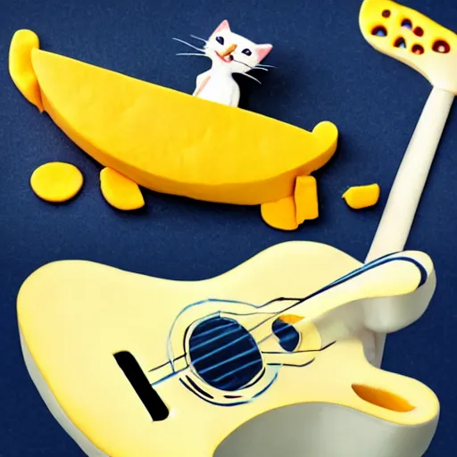 Image similar to A Hyperealistic Cat with a body made out of cheese playing guitar.