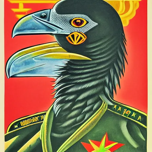 Image similar to a detailed and complex, highly detailed, soviet propaganda poster depicting a dromaius in military uniform. painting by dmitri moor