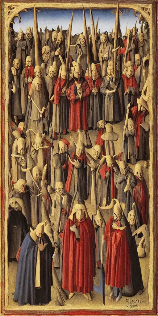 Prompt: a solemn congregation of all of the devils in hell, painted by jean fouquet