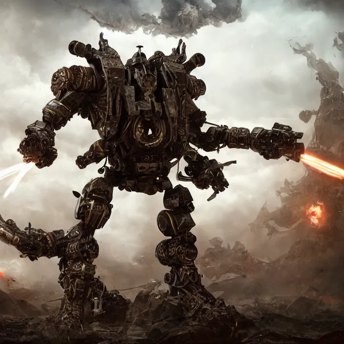 Image similar to mech - warrior firing rockets, hyper - detailed, octane render, sharp focus, 4 k ultra hd, fantasy dark art, apocalyptic art