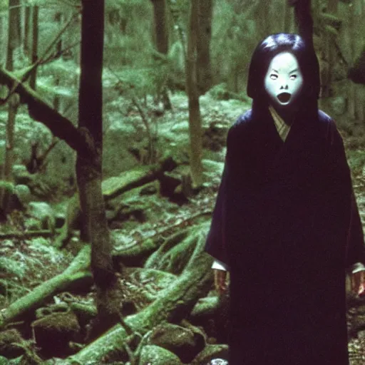 Image similar to a film still of an unsettling but beautiful female yokai haunting the depths of a Japanese forest, cinematography by sven nykvist