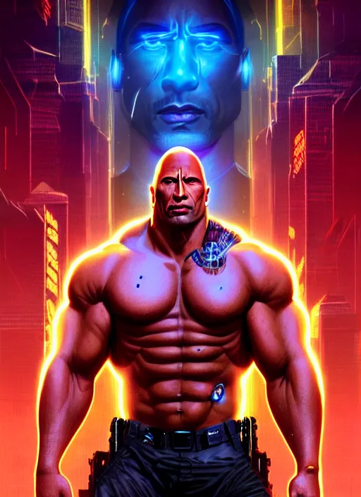 Image similar to portrait of dwayne johnson as cyberpunk shiva god of destruction, intricate, elegant, glowing lights, highly detailed, digital painting, artstation, glamor pose, concept art, smooth, sharp focus, illustration, art by artgerm and greg rutkowski, artey freytag