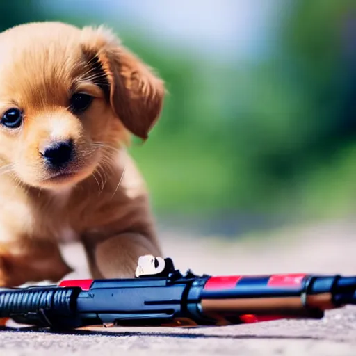 Image similar to a cute little puppy pointing a toy gun at the camera