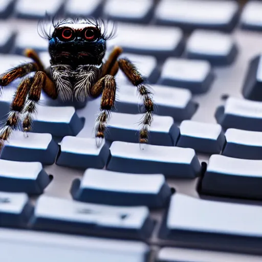 Image similar to a smart jumping spider using his computer keyboard, by pixar, macro lens, iridescent