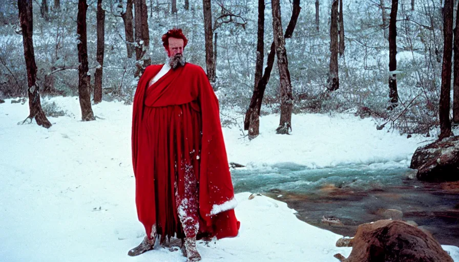 Image similar to 1 9 6 0 s movie still of marcus aurelius frozen to death under the snow by the side of a river in a red toga with a tired marked face, pine forests, cinestill 8 0 0 t 3 5 mm, high quality, heavy grain, high detail, texture, dramatic light, anamorphic, hyperrealistic, detailed hair, foggy