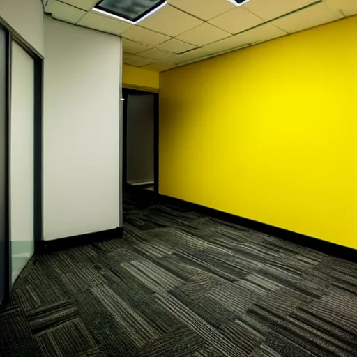 Prompt: xenomorph in endless empty office building with yellow walls, brown carpet, defective fluorescent lighting