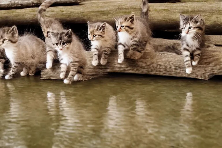 Image similar to kittens walking on a log bridge crossing a river