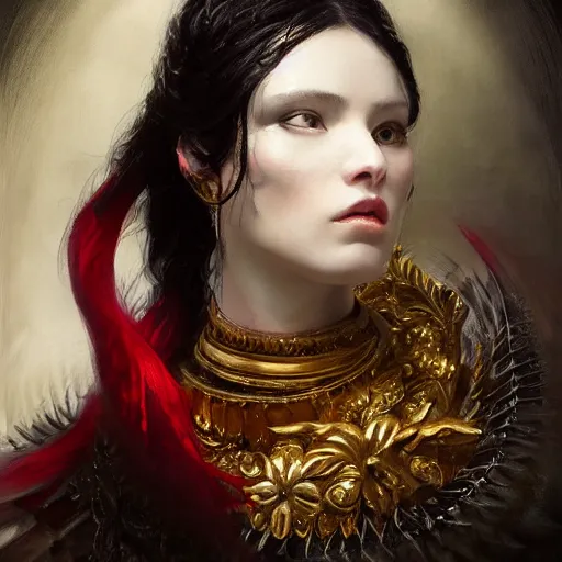 Prompt: portrait of a red king, sharp focus, black hair, baroque, full body, highly detailed, intricate, masked, white, regal clothing, gold ethereal light, high fantasy, by livia prima