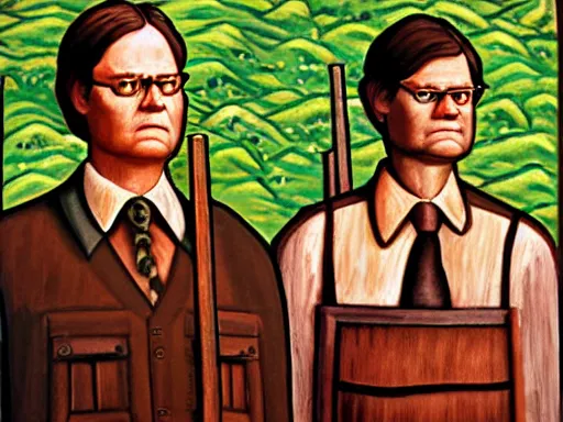 Prompt: grant wood mural of dwight schrute on his beet farm. dwight is wearing a yellow shirt and a brown striped tie