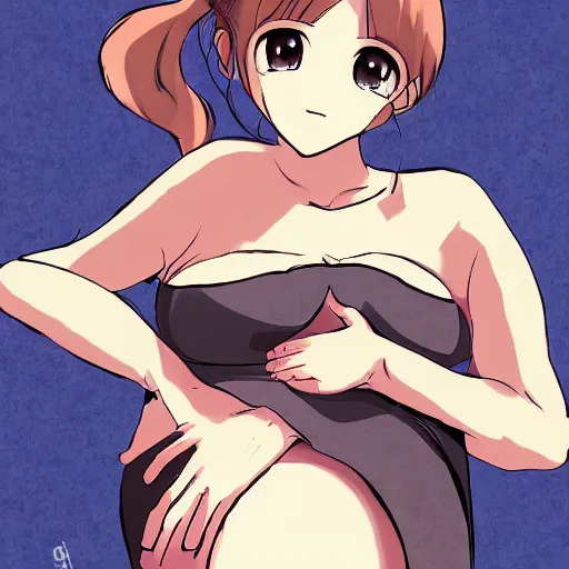 Image similar to cute pregnant girl with big pregnant belly, baby is kicking inside, high quality art in anime style, trending on pixiv