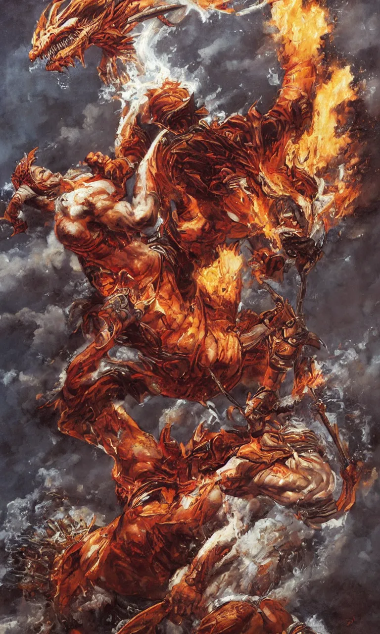 Prompt: a detailed oil painting rendition of kratos as lebron james riding a gigantic fire breathing dragon, art by norman rockwell